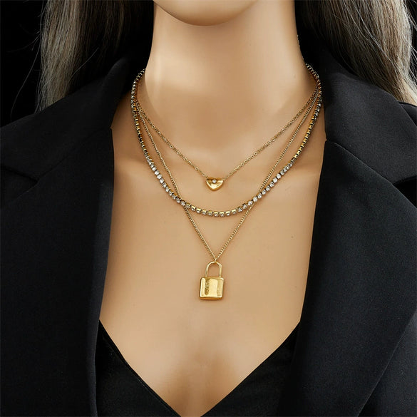 Wholesale Punk Hip Hop Cold Style Titanium Steel Multi Layer Chain Lock Pendant Necklace With Geometric Pattern And Electroplating Treatment