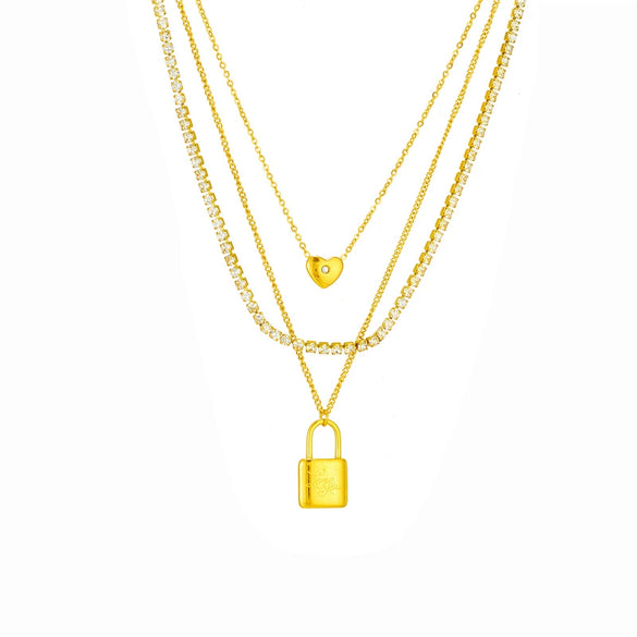 Wholesale Punk Hip Hop Cold Style Titanium Steel Multi Layer Chain Lock Pendant Necklace With Geometric Pattern And Electroplating Treatment