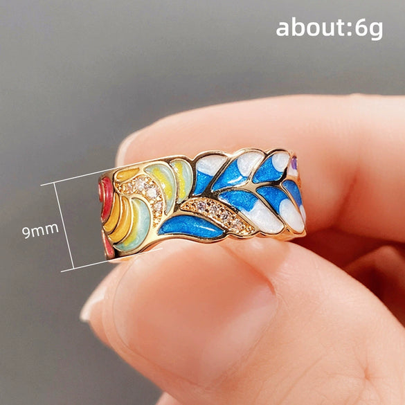 Wholesale Punk Style Copper Gold Plated Ring With Oil Drop Blue And White Porcelain Pattern And Leaves Design For Women