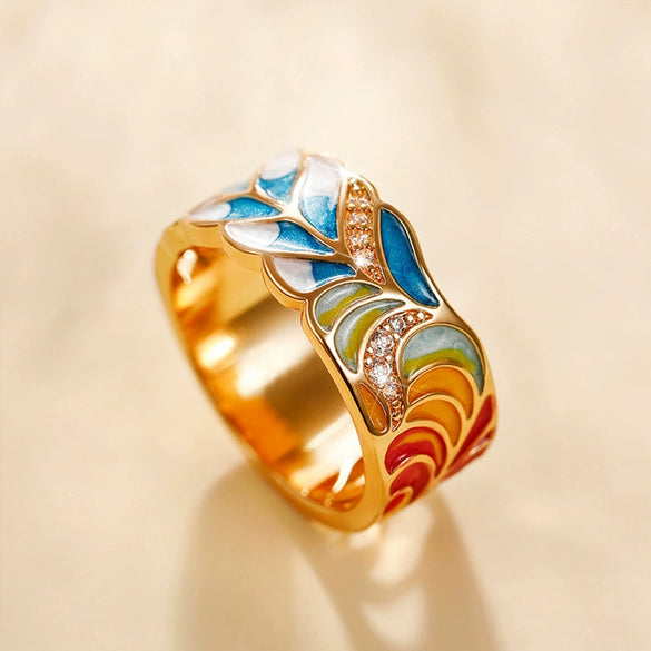 Wholesale Punk Style Copper Gold Plated Ring With Oil Drop Blue And White Porcelain Pattern And Leaves Design For Women