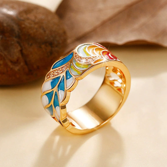 Wholesale Punk Style Copper Gold Plated Ring With Oil Drop Blue And White Porcelain Pattern And Leaves Design For Women
