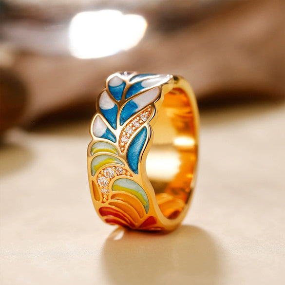 Wholesale Punk Style Copper Gold Plated Ring With Oil Drop Blue And White Porcelain Pattern And Leaves Design For Women