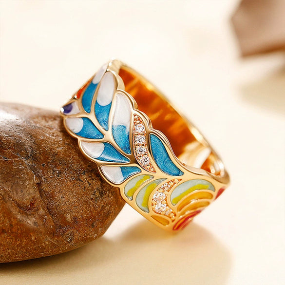 Wholesale Punk Style Copper Goldplated Ring With Oil Dripping Blue And White Porcelain Pattern And Leaf Design