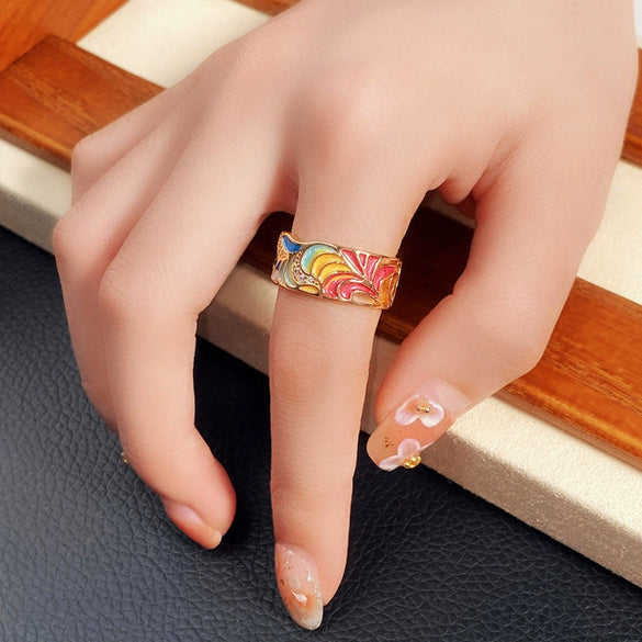 Wholesale Punk Style Copper Goldplated Ring With Oil Dripping Blue And White Porcelain Pattern And Leaf Design
