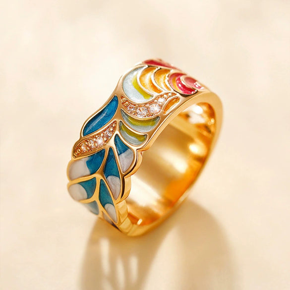 Wholesale Punk Style Copper Goldplated Ring With Oil Dripping Blue And White Porcelain Pattern And Leaf Design