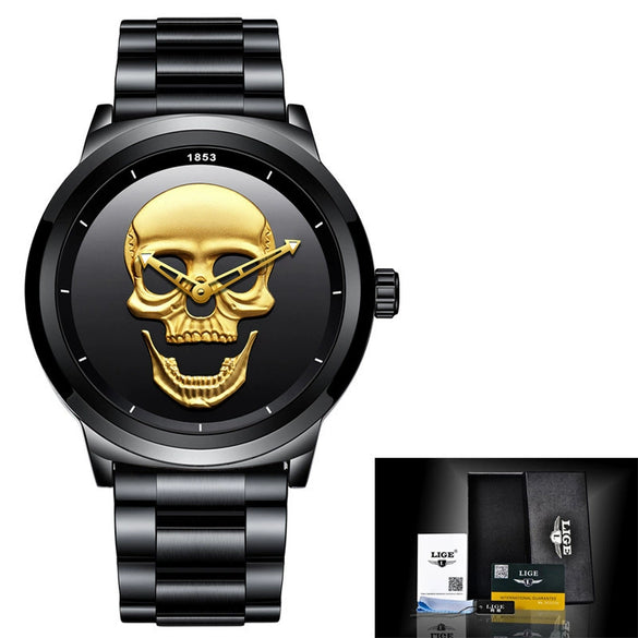 Wholesale Punk Style 3D Skull Quartz Watch Stainless Steel Band Alloy Case Mineral Strengthened Mirror For Men