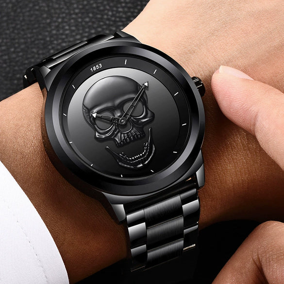 Wholesale Punk Style 3D Skull Quartz Watch Stainless Steel Band Alloy Case Mineral Strengthened Mirror For Men