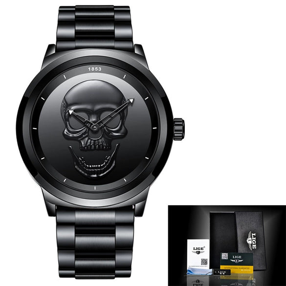 Wholesale Punk Style 3D Skull Quartz Watch Stainless Steel Band Alloy Case Mineral Strengthened Mirror For Men