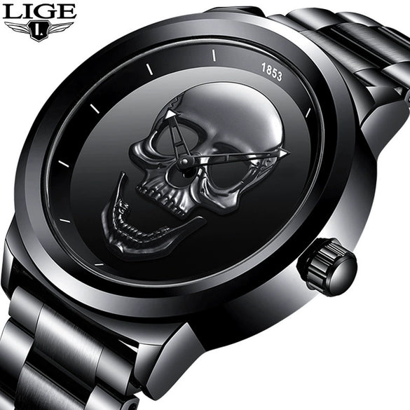 Wholesale Punk Style 3D Skull Quartz Watch Stainless Steel Band Alloy Case Mineral Strengthened Mirror For Men