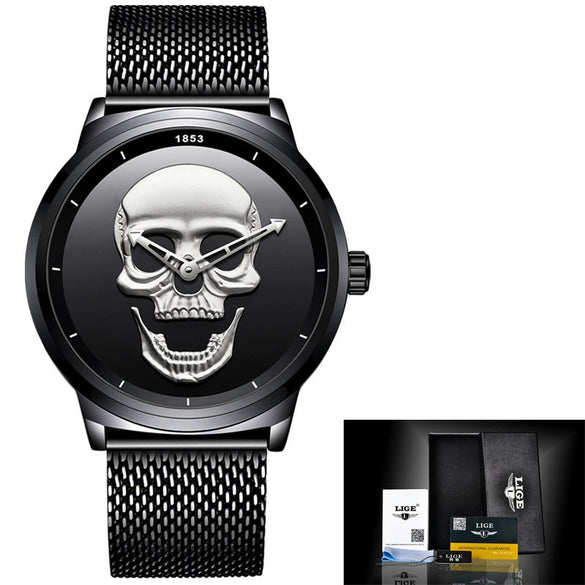Wholesale Punk Style 3D Skull Quartz Watch Stainless Steel Band Alloy Case Mineral Strengthened Mirror For Men