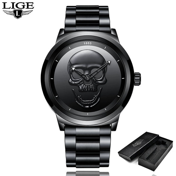 Wholesale Punk Style 3D Skull Quartz Watch Stainless Steel Band Alloy Case Mineral Strengthened Mirror For Men
