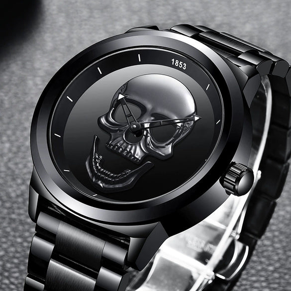 Wholesale Punk Style 3D Skull Quartz Watch Stainless Steel Band Alloy Case Mineral Strengthened Mirror For Men