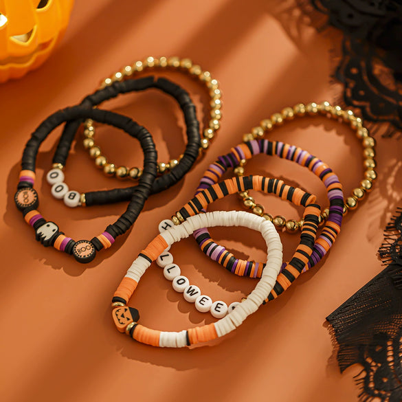 Wholesale Punk Style Halloween Pumpkin Soft Pottery Multi Layer Bracelet With Alloy Letters Made Of Polymer Clay Acrylic Ccb Alloy And Dripping Oil Electroplated