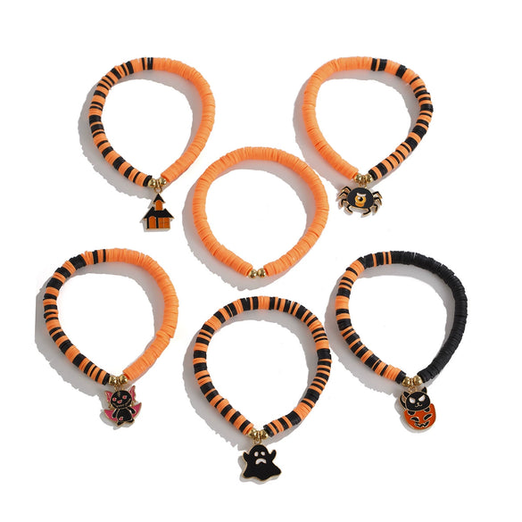 Wholesale Punk Style Halloween Pumpkin Soft Pottery Multi Layer Bracelet With Alloy Letters Made Of Polymer Clay Acrylic Ccb Alloy And Dripping Oil Electroplated