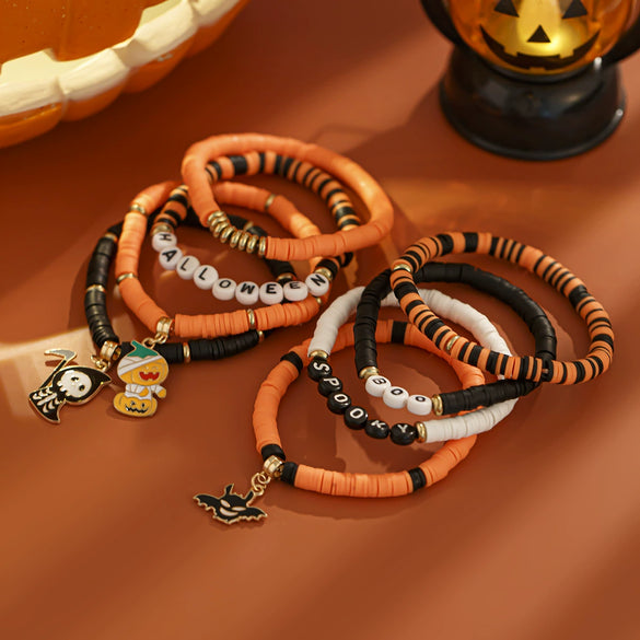 Wholesale Punk Style Halloween Pumpkin Soft Pottery Multi Layer Bracelet With Alloy Letters Made Of Polymer Clay Acrylic Ccb Alloy And Dripping Oil Electroplated