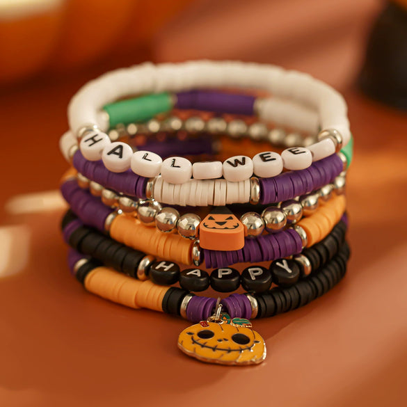 Wholesale Punk Style Halloween Pumpkin Soft Pottery Multi Layer Bracelet With Alloy Letters Made Of Polymer Clay Acrylic Ccb Alloy And Dripping Oil Electroplated