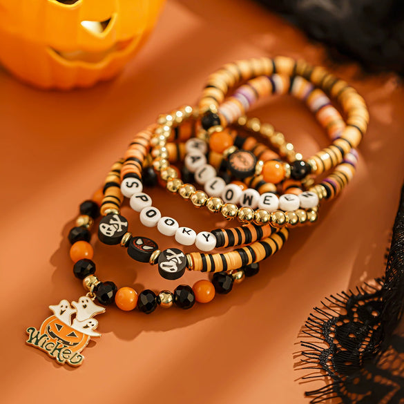 Wholesale Punk Style Halloween Pumpkin Soft Pottery Multi Layer Bracelet With Alloy Letters Made Of Polymer Clay Acrylic Ccb Alloy And Dripping Oil Electroplated