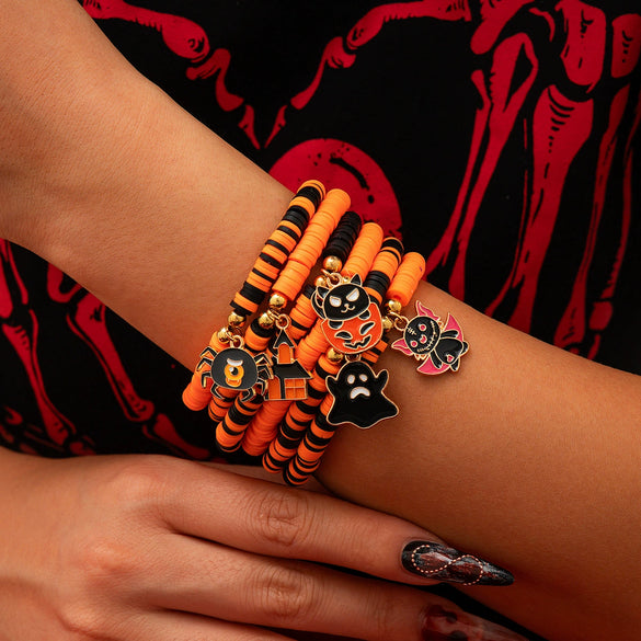 Wholesale Punk Style Halloween Pumpkin Soft Pottery Multi Layer Bracelet With Alloy Letters Made Of Polymer Clay Acrylic Ccb Alloy And Dripping Oil Electroplated