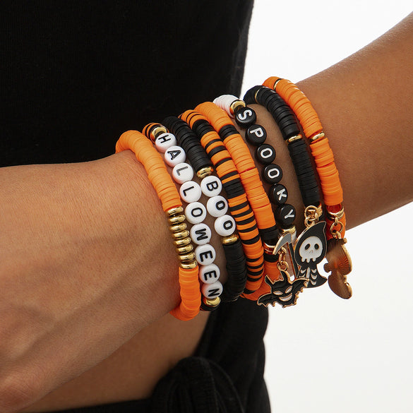 Wholesale Punk Style Halloween Pumpkin Soft Pottery Multi Layer Bracelet With Alloy Letters Made Of Polymer Clay Acrylic Ccb Alloy And Dripping Oil Electroplated