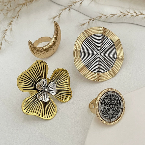 Wholesale Punk Style Metal Geometric And Leaf Ring With Electroplating