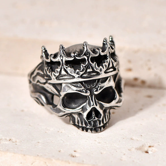 Wholesale Punk Style Titanium Steel Geometric Skull Crown Ring For Men With Electroplating
