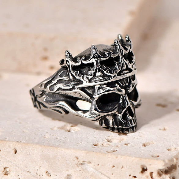 Wholesale Punk Style Titanium Steel Geometric Skull Crown Ring For Men With Electroplating