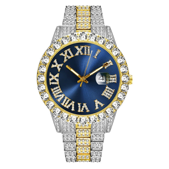 Wholesale Quartz Watch With Large Dial Round Shape Full Diamond Sparkling Stainless Steel Belt And Calendar Function