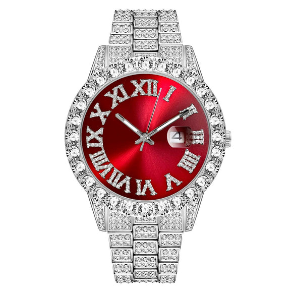 Wholesale Quartz Watch With Large Dial Round Shape Full Diamond Sparkling Stainless Steel Belt And Calendar Function