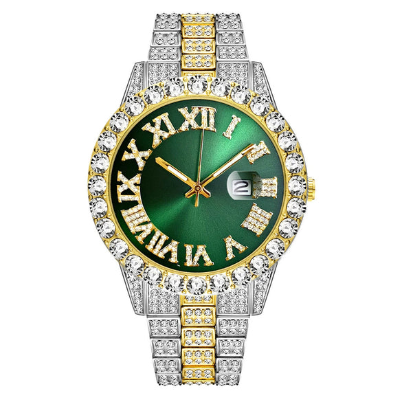 Wholesale Quartz Watch With Large Dial Round Shape Full Diamond Sparkling Stainless Steel Belt And Calendar Function