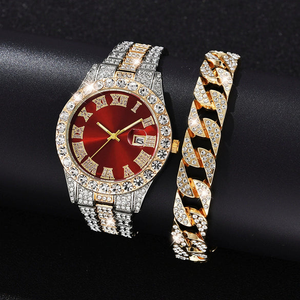 Wholesale Quartz Watch With Large Dial Round Shape Full Diamond Sparkling Stainless Steel Belt And Calendar Function