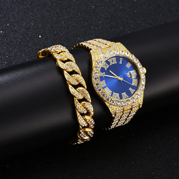 Wholesale Quartz Watch With Large Dial Round Shape Full Diamond Sparkling Stainless Steel Belt And Calendar Function