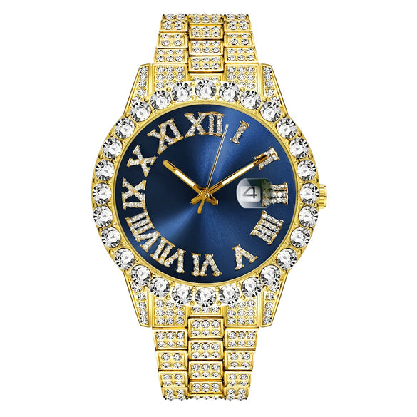 Wholesale Quartz Watch With Large Dial Round Shape Full Diamond Sparkling Stainless Steel Belt And Calendar Function