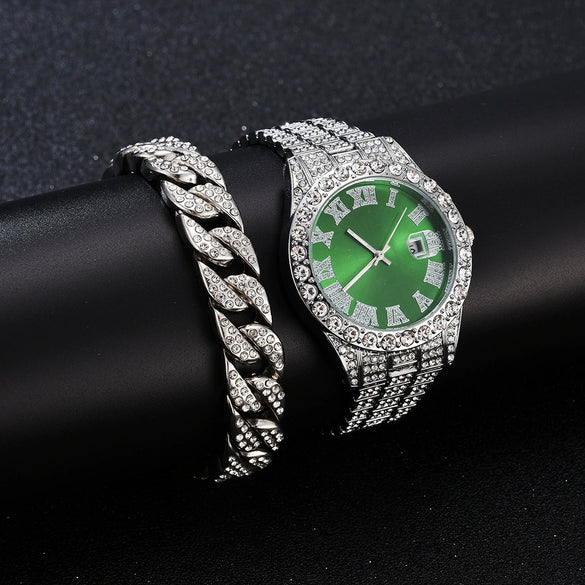 Wholesale Quartz Watch With Large Dial Round Shape Full Diamond Sparkling Stainless Steel Belt And Calendar Function