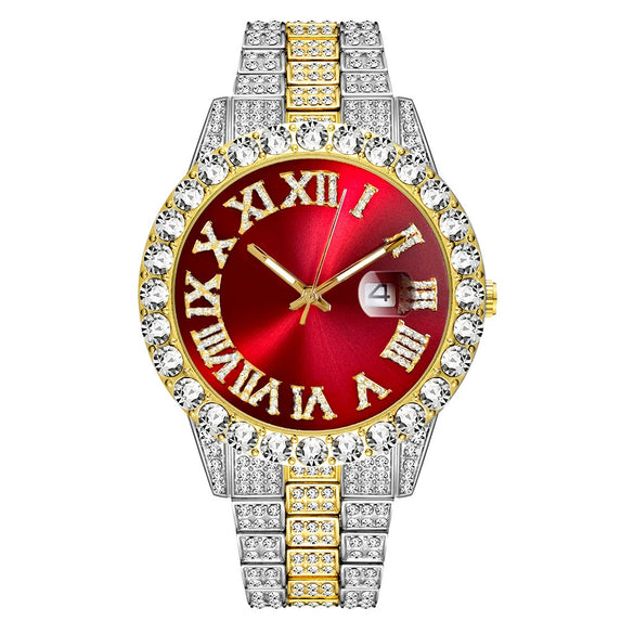 Wholesale Quartz Watch With Large Dial Round Shape Full Diamond Sparkling Stainless Steel Belt And Calendar Function