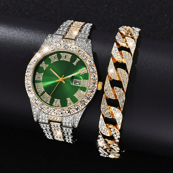 Wholesale Quartz Watch With Large Dial Round Shape Full Diamond Sparkling Stainless Steel Belt And Calendar Function