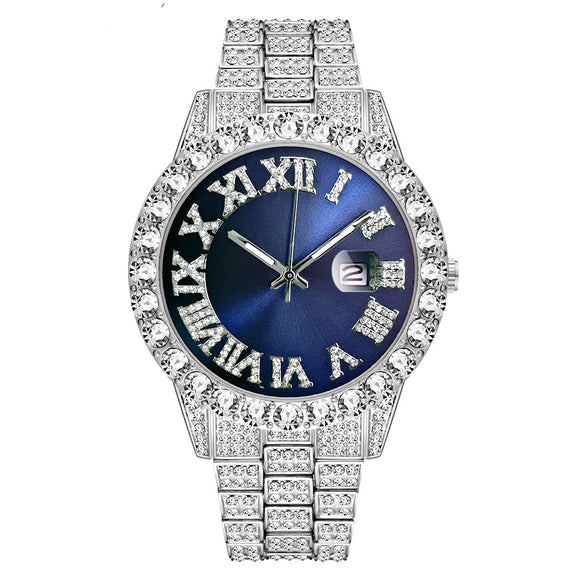 Wholesale Quartz Watch With Large Dial Round Shape Full Diamond Sparkling Stainless Steel Belt And Calendar Function