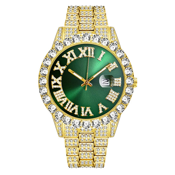 Wholesale Quartz Watch With Large Dial Round Shape Full Diamond Sparkling Stainless Steel Belt And Calendar Function