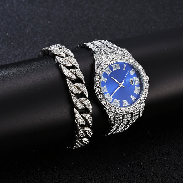 Wholesale Quartz Watch With Large Dial Round Shape Full Diamond Sparkling Stainless Steel Belt And Calendar Function