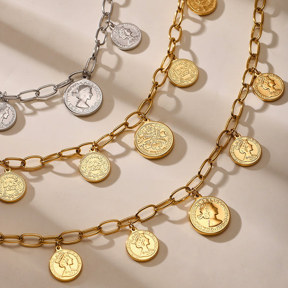 Wholesale Queen Portrait Doublesided Multiround Pendant Necklace Stainless Steel Titanium Steel Geometric Pattern Furnace Vacuum Electroplating For Women