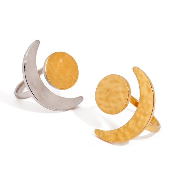 Wholesale Quiet Elegant Design 18K Gold Plated Stainless Steel Hammered Geometric Moon And Sun Adjustable Open Ring Jewelry