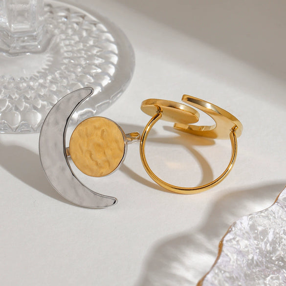 Wholesale Quiet Elegant Design 18K Gold Plated Stainless Steel Hammered Geometric Moon And Sun Adjustable Open Ring Jewelry