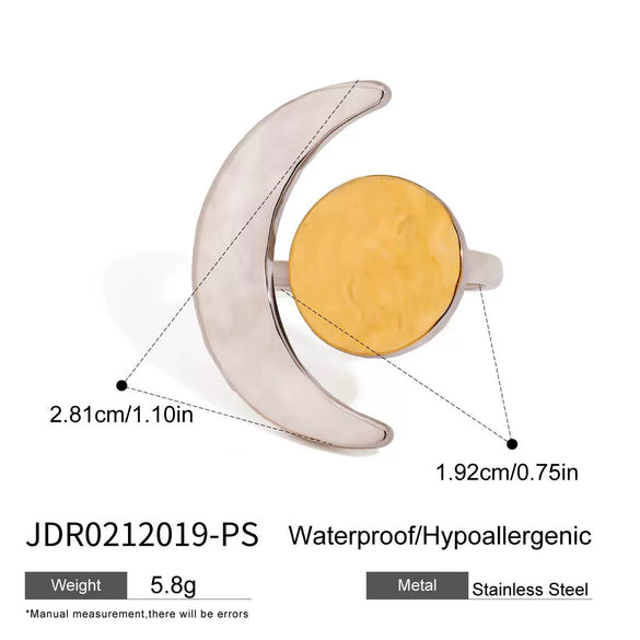 Wholesale Quiet Elegant Design 18K Gold Plated Stainless Steel Hammered Geometric Moon And Sun Adjustable Open Ring Jewelry