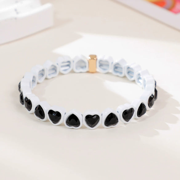Wholesale Rainbow Enamel Alloy Love Heart Shaped Elastic Bracelet With Diamond Treatment