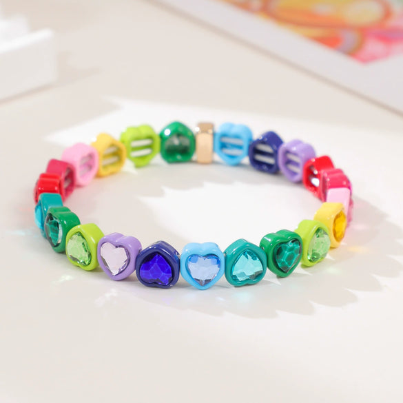 Wholesale Rainbow Enamel Alloy Love Heart Shaped Elastic Bracelet With Diamond Treatment