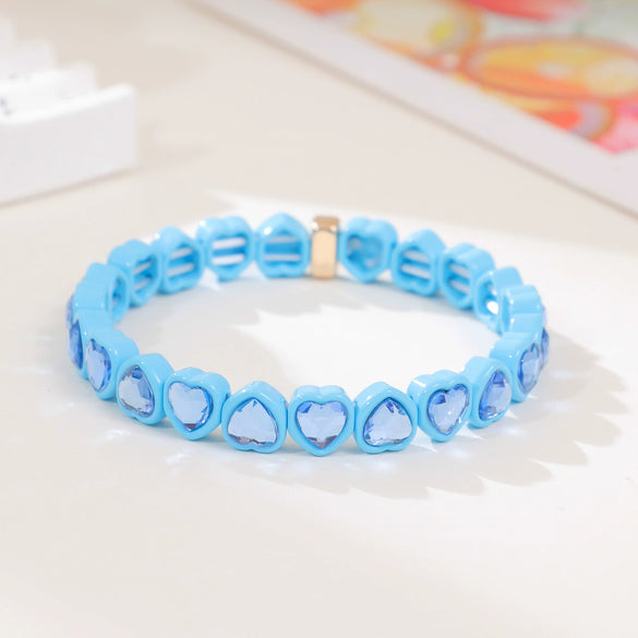 Wholesale Rainbow Enamel Alloy Love Heart Shaped Elastic Bracelet With Diamond Treatment