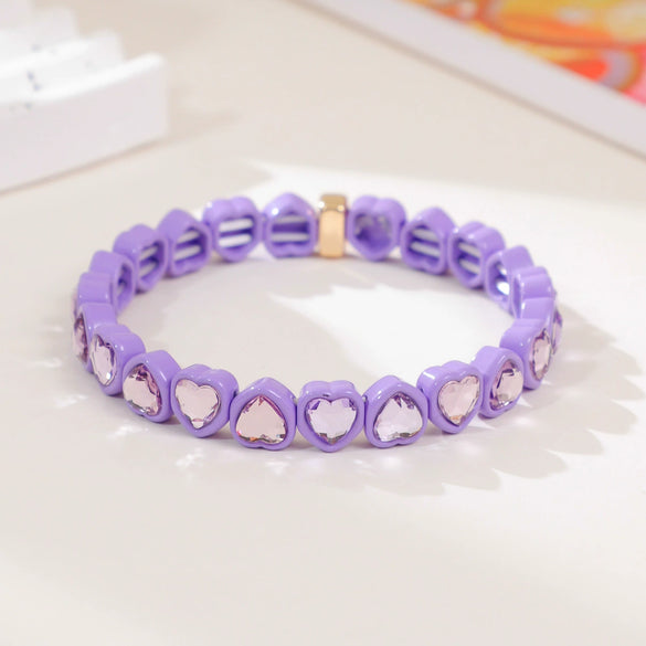 Wholesale Rainbow Enamel Alloy Love Heart Shaped Elastic Bracelet With Diamond Treatment