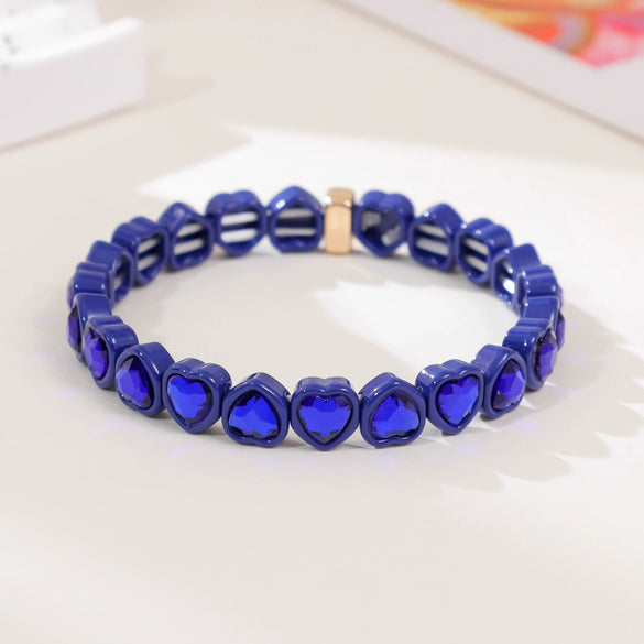 Wholesale Rainbow Enamel Alloy Love Heart Shaped Elastic Bracelet With Diamond Treatment