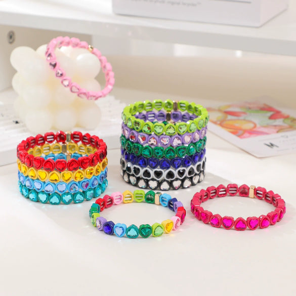 Wholesale Rainbow Enamel Alloy Love Heart Shaped Elastic Bracelet With Diamond Treatment