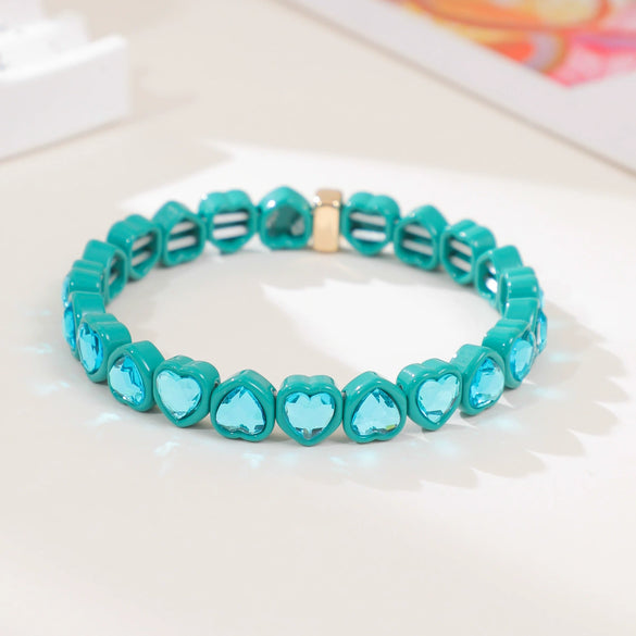 Wholesale Rainbow Enamel Alloy Love Heart Shaped Elastic Bracelet With Diamond Treatment
