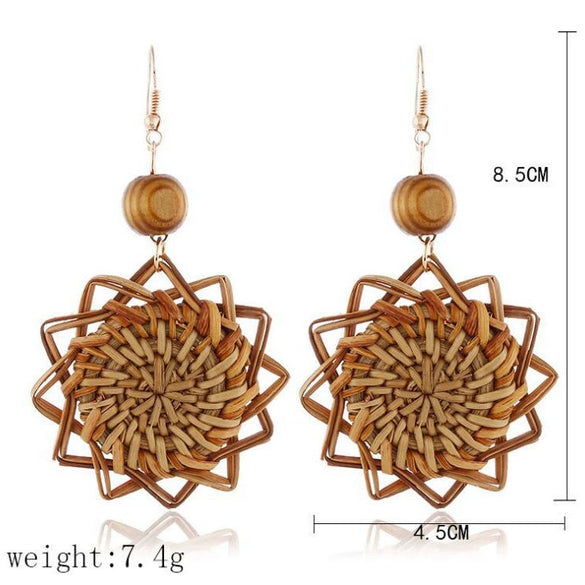 Wholesale Rattan Woven Sunflower Geometric Fashion Earrings With Electroplating